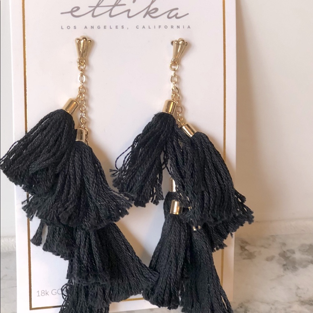 Ettika Daydreamer Tassel Black & Gold Earrings-NEW - Picture 2 of 8